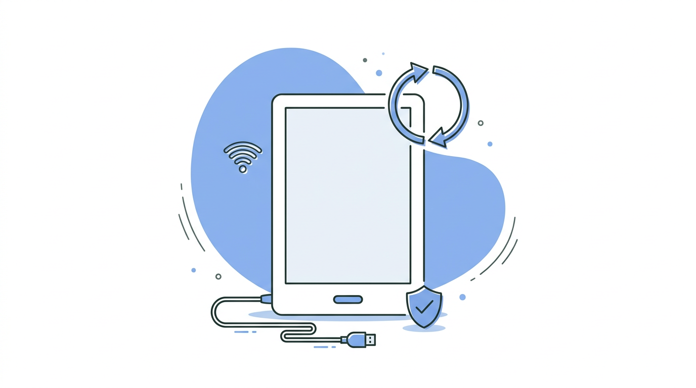 Kindle updaten - illustratie van e-reader met update-pijlen en wifi