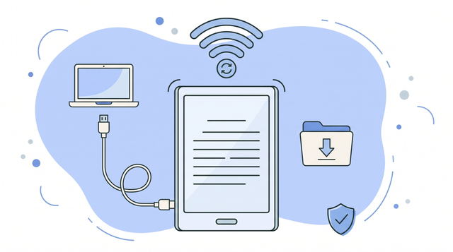 Kobo wifi werkt niet - illustratie van e-reader met wifi-symbool, USB-kabel naar laptop en firmwaremap
