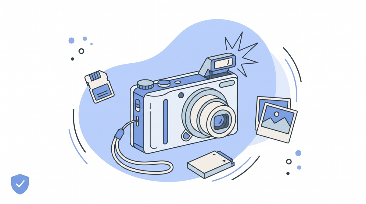 Digicam kopen - illustratie van compactcamera met flits, geheugenkaart, accu en fotootjes