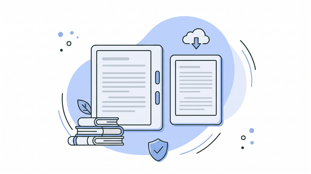 Kindle of Kobo kopen - illustratie van twee e-readers, stapel boeken, blad-boekenlegger en cloud met downloadpijl