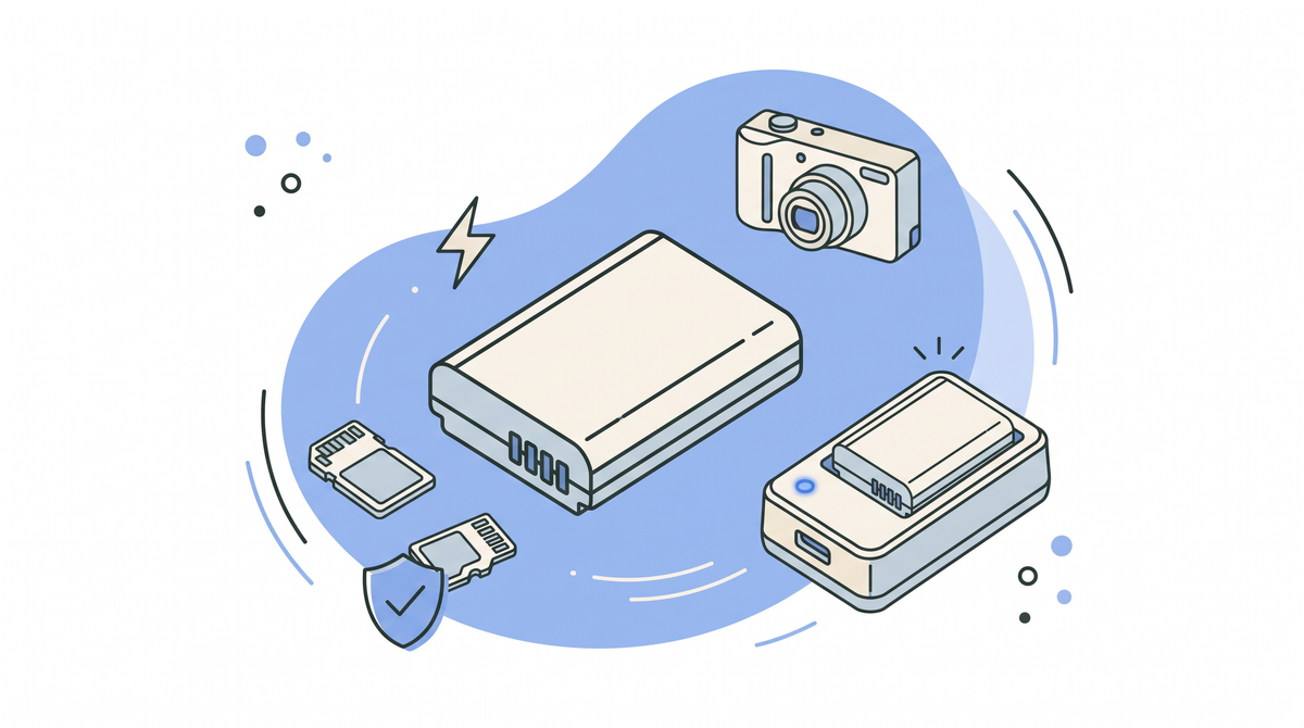 Accu, lader en geheugenkaart voor je camera - illustratie van camera-accu, oplader met lampje, SD-kaarten en compactcamera