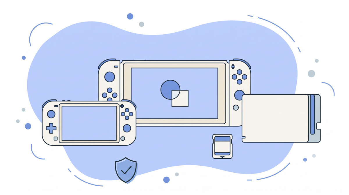 Welke Nintendo Switch kopen - illustratie van Switch met Joy-Cons, Switch Lite, dock en gamecartridge