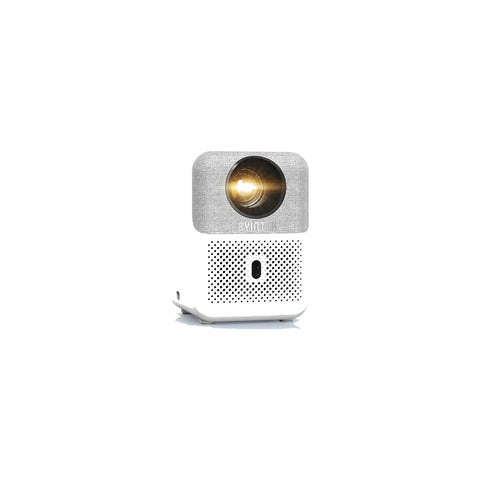 BYINTEK Love 1 U4 projector wit, vooraanzicht met grijze stoffen front en lens op witte achtergrond