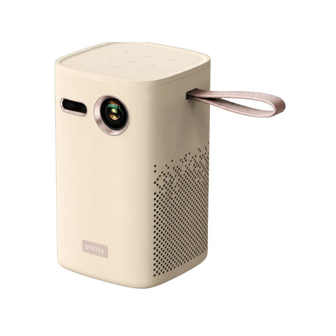 BYINTEK Magic 1 Max draagbare DLP-projector, creme/beige met draaglus en touch-bediening bovenop, vooraanzicht op witte achtergrond