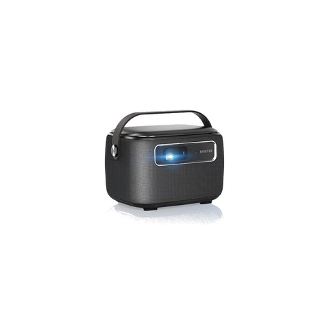 BYINTEK Book 3 Max R20 Max draagbare DLP-beamer, zwart, met leren draaghandvat en stoffen speakergrille, vooraanzicht op wit