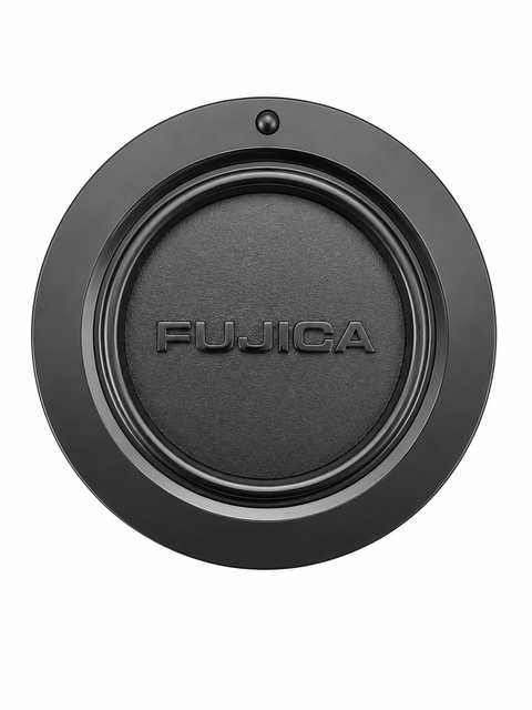 Fujica X-mount body cap, zwart met ingeperst Fujica-logo, voorkant