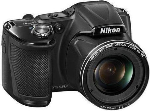 Nikon Coolpix L830 digitale bridgecamera, zwart, voorkant schuin met 34x-zoomlens, tweedehands