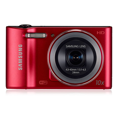 Samsung WB30F digitale compactcamera, rood, voorkant met 10x Samsung-lens 4.3-43mm en wifi-logo, tweedehands