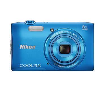 Nikon Coolpix S3600 compactcamera, blauw, voorkant met 8x Nikkor-zoomlens