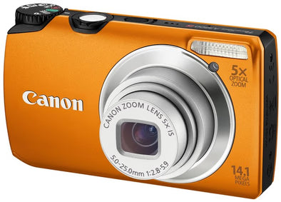 Canon PowerShot A3200 IS digitale compactcamera, oranje, schuin vooraanzicht met 5x zoomlens, tweedehands