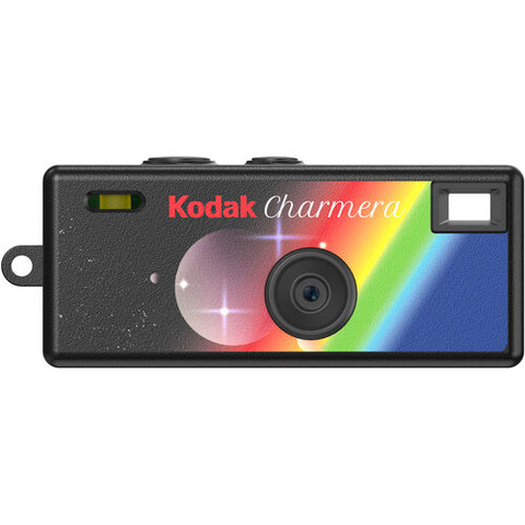 Kodak Charmera sleutelhanger digitale camera, zwart met regenboogprint, voorkant, tweedehands