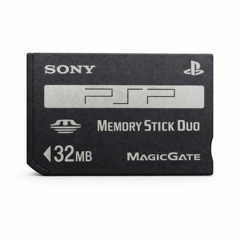 Sony PSP Memory Stick Duo 32MB, zwart, voorkant met PSP-opdruk en MagicGate, tweedehands