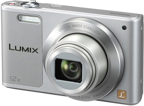 Panasonic Lumix DMC-SZ10 digitale compactcamera, zilver, schuin van voren met 12x-zoomlens, tweedehands