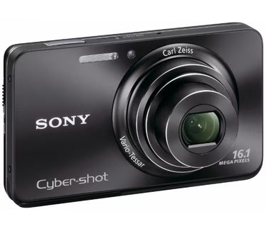 Sony Cyber-shot DSC-W580 digitale compactcamera, zwart, schuin vooraanzicht met Carl Zeiss-lens, tweedehands
