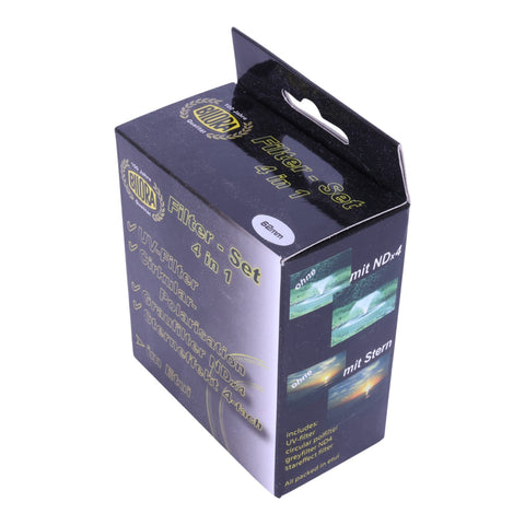 Bilora Filter-Set 4 in 1 62mm met UV-, polarisatie-, ND4- en sterfilter, zwarte doos voorkant, nieuw in verpakking