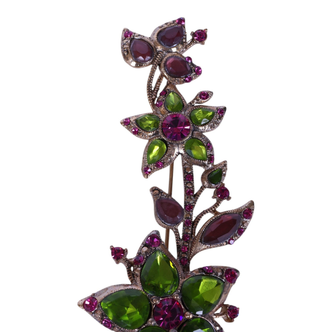 Bloemtak Broche met Groene en Paarse Strass