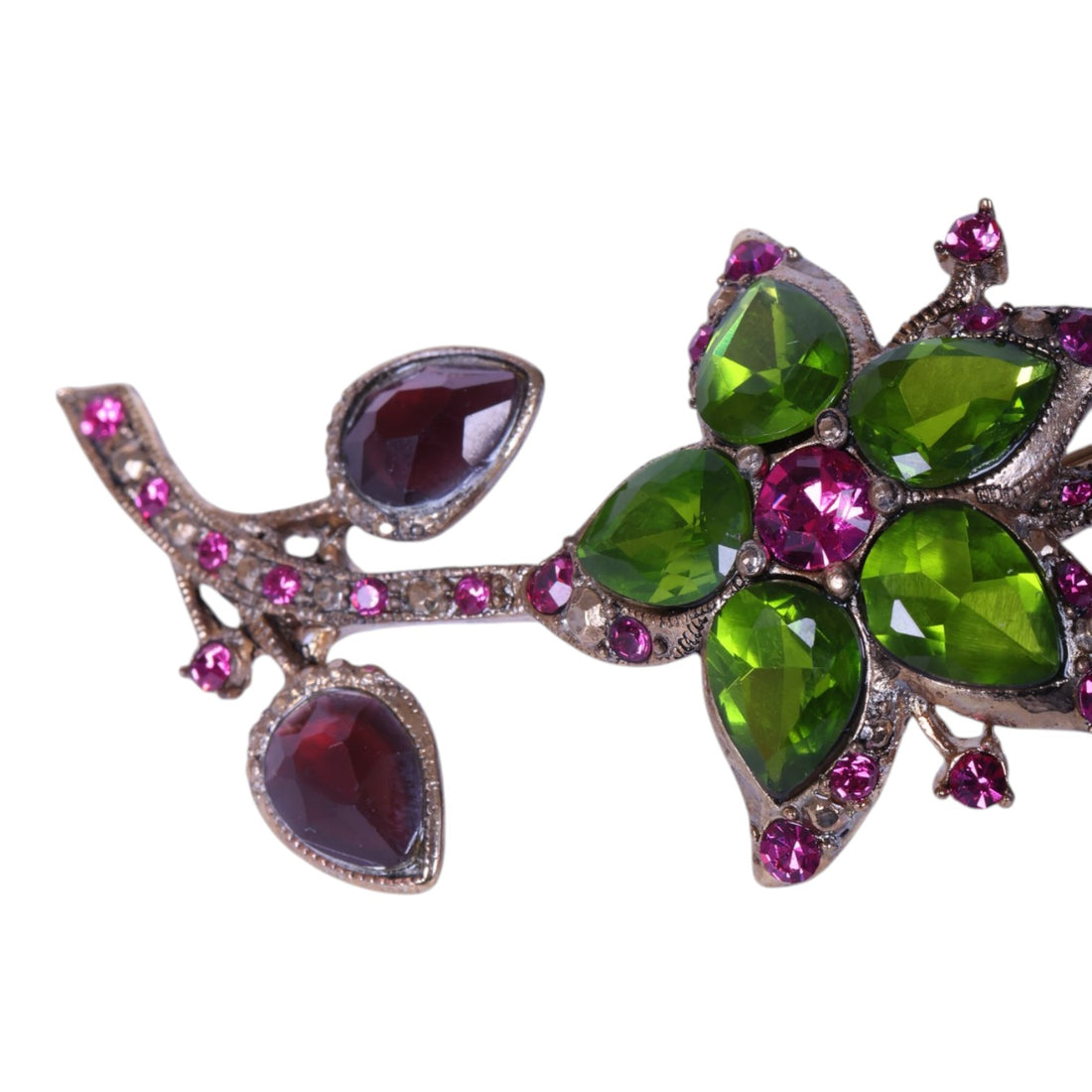 Bloemtak Broche met Groene en Paarse Strass
