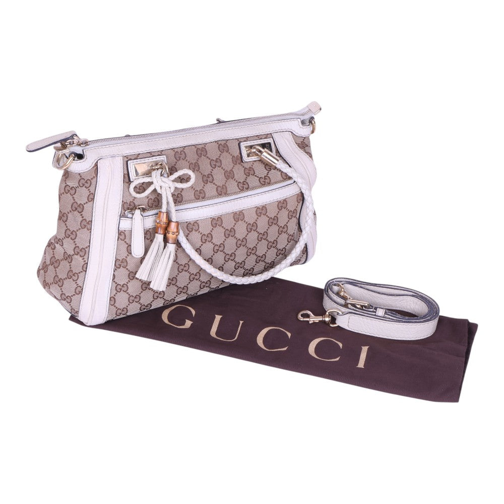 Bella Bamboo Ribbon Tassel Schoudertas - GG Canvas Wit
