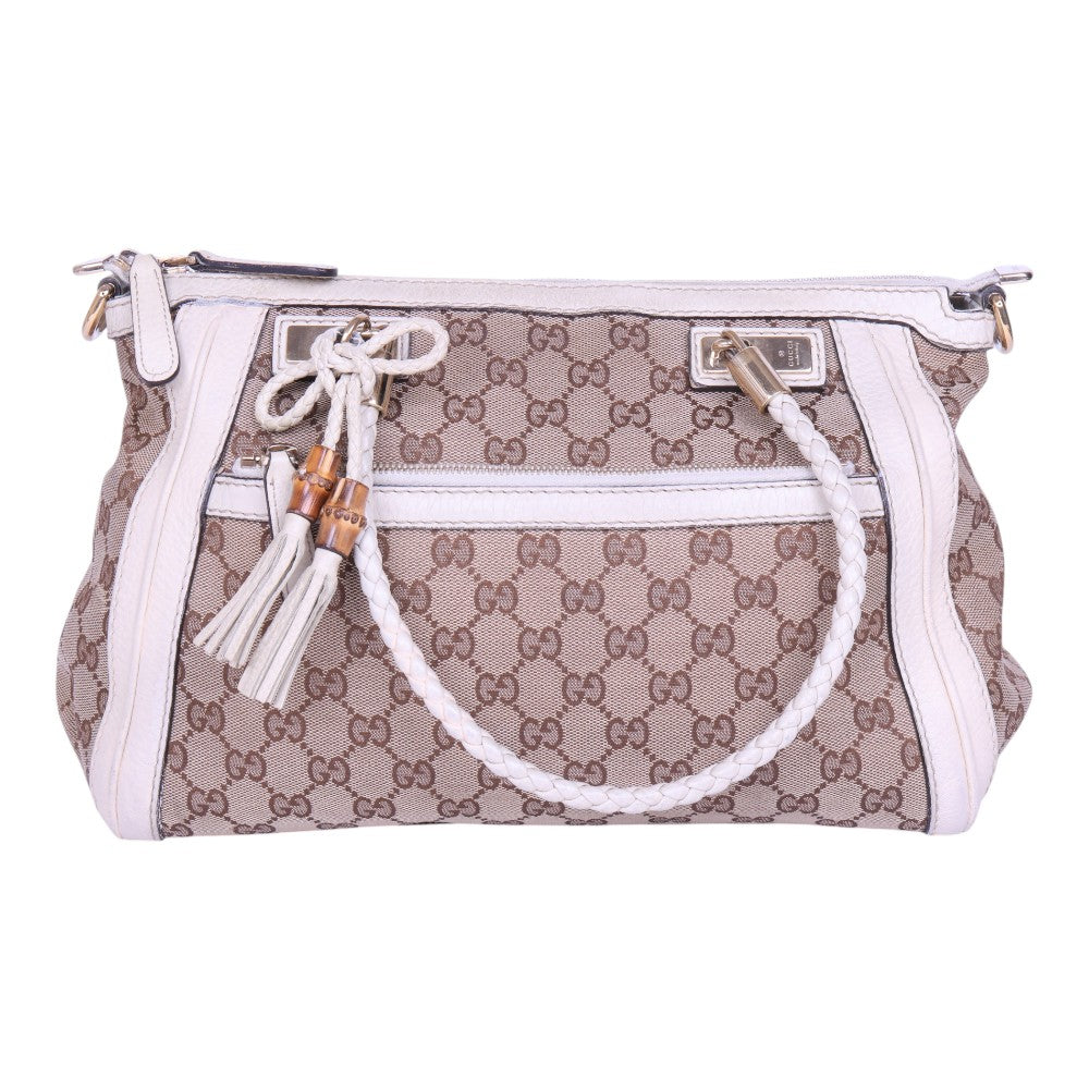 Bella Bamboo Ribbon Tassel Schoudertas - GG Canvas Wit