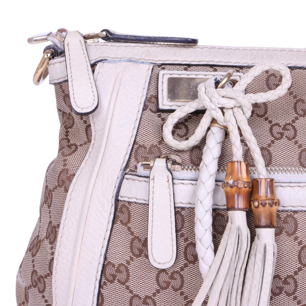 Bella Bamboo Ribbon Tassel Schoudertas - GG Canvas Wit