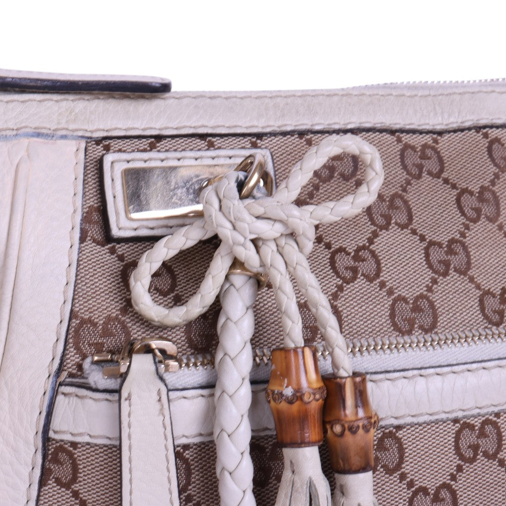 Bella Bamboo Ribbon Tassel Schoudertas - GG Canvas Wit
