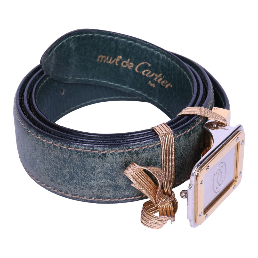 Must Riem Groen Leer - Two-Tone Plaque Gesp