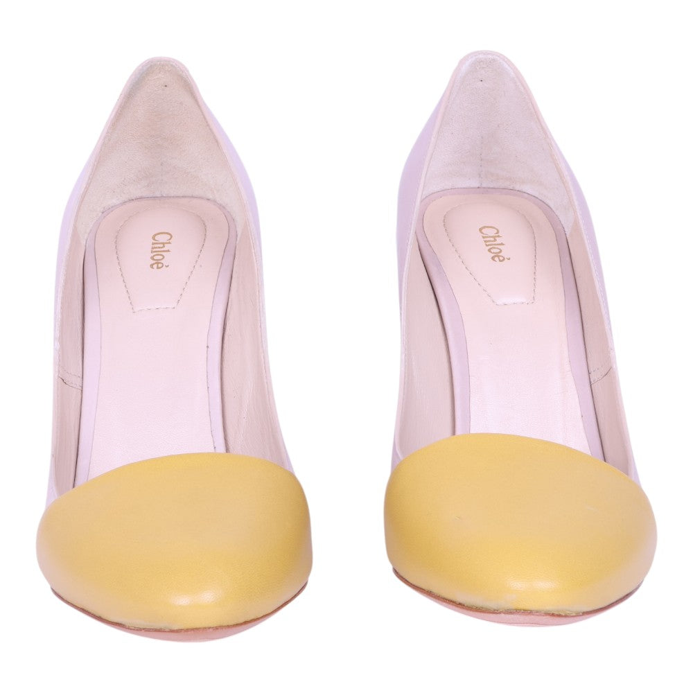 Two Tone Leather Block Heel Pumps - Lila/Geel - Maat 35