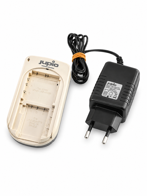 Jupio universele acculader voor Olympus en Fujifilm accu's, crèmekleurige lader met losse netadapter