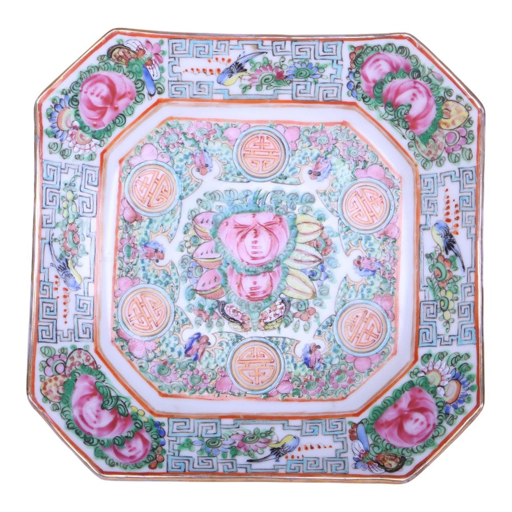 Chinees Porseleinen Vierkant Schaaltje - Famille Rose Canton - Pioenen en Perziken