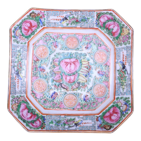 Chinees Porseleinen Vierkant Schaaltje - Famille Rose Canton - Pioenen en Perziken