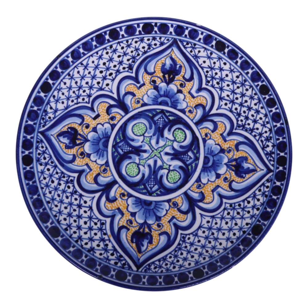 Spaans Handbeschilderd Sierbord - Talavera Stijl - Blauw met Geel Bloemmedaillon