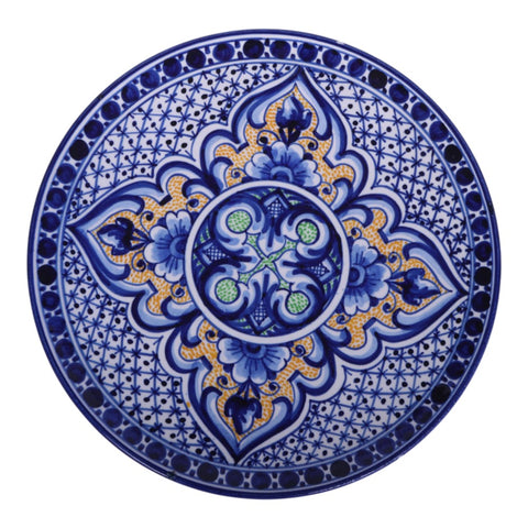 Spaans Handbeschilderd Sierbord - Talavera Stijl - Blauw met Geel Bloemmedaillon