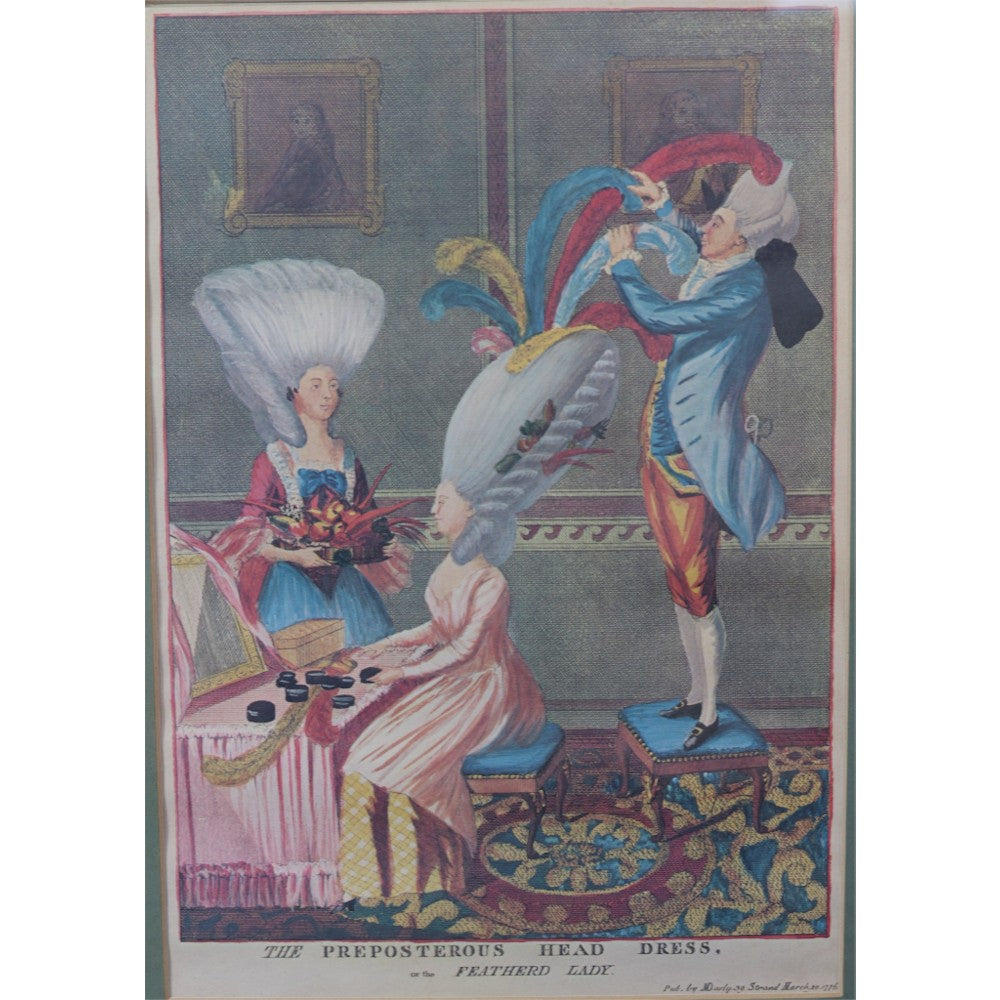 The Preposterous Head Dress or the Featherd Lady - Ingelijste Handgekleurde Prent (1776)