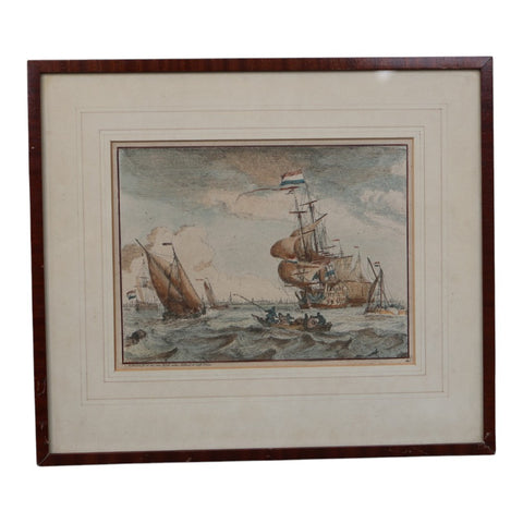 Handgekleurde Ets Zeegezicht op het IJ - Ludolf Bakhuizen 1701