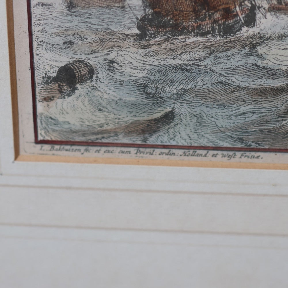 Handgekleurde Ets Zeegezicht op het IJ - Ludolf Bakhuizen 1701