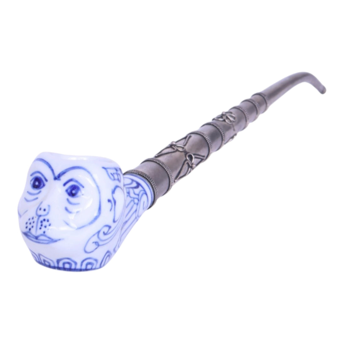 Aziatische Blauw-Wit Porseleinen Pijpen - Katten- en Apenkop - Set van 4