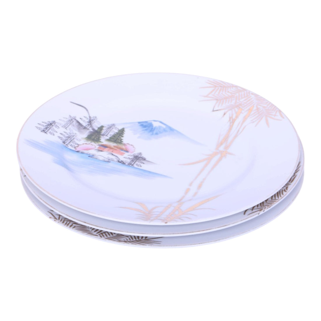Japanse Kutani Dinerborden - Berg Fuji met Gouden Bamboe - Set van 3 (26 cm)