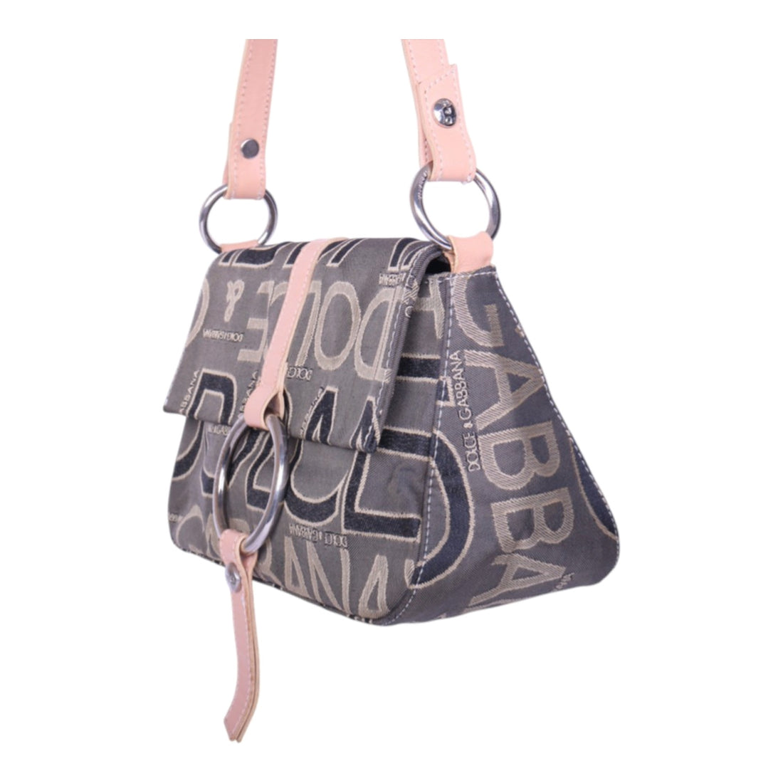 Logo Jacquard Schoudertas Grijs met Roze Leer en O-Ring