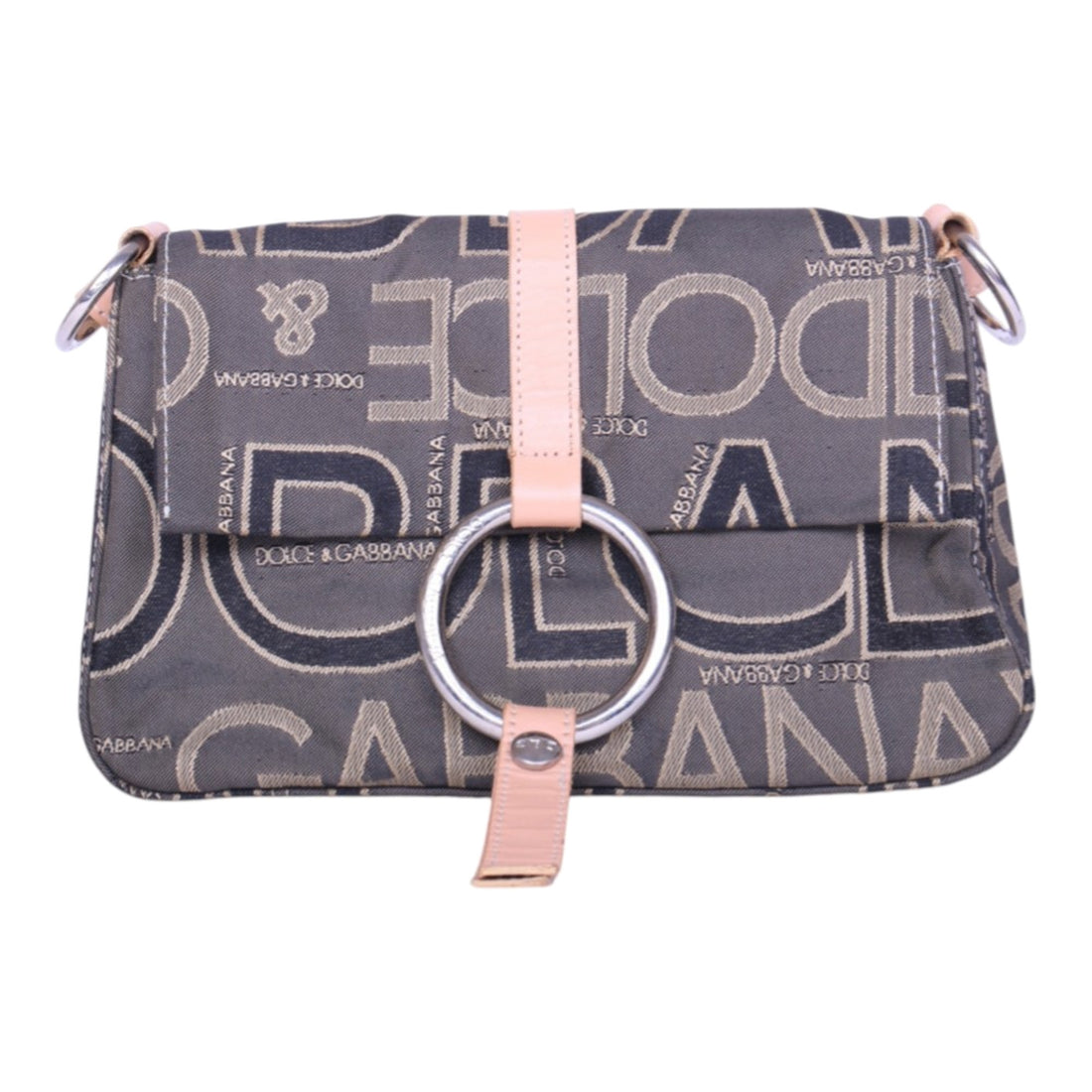 Logo Jacquard Schoudertas Grijs met Roze Leer en O-Ring