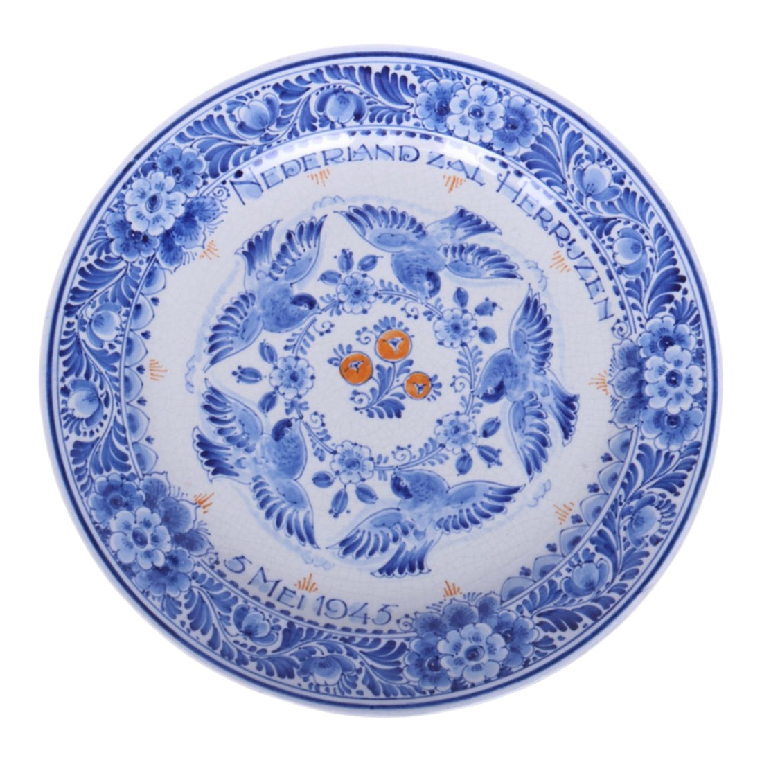 Nederland Zal Herrijzen - Delfts Blauw Bevrijdingsbord met Duiven - 5 Mei 1945 (26 cm)
