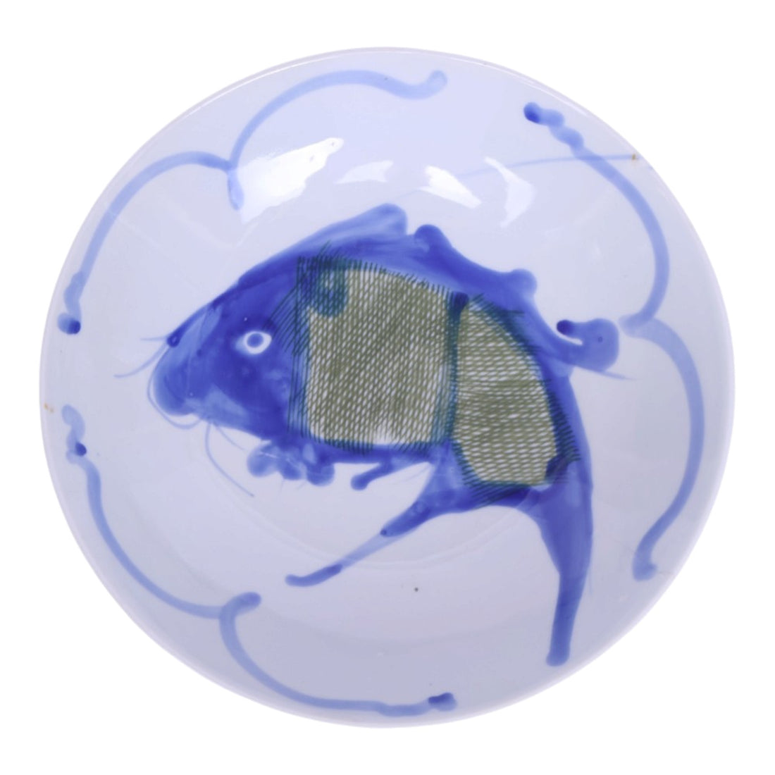 Chinese Koi Karper Schaal - Blauw-Wit Porselein met Groene Schubben - 23 cm