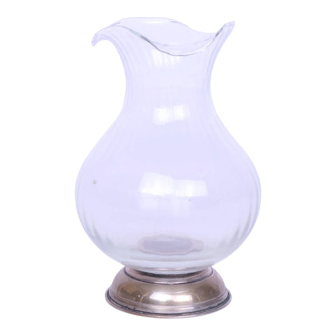 Vaasje geribbeld glas met golvende rand op 800 zilveren voet 9x14 cm, voorkant met helder glas, tweedehands