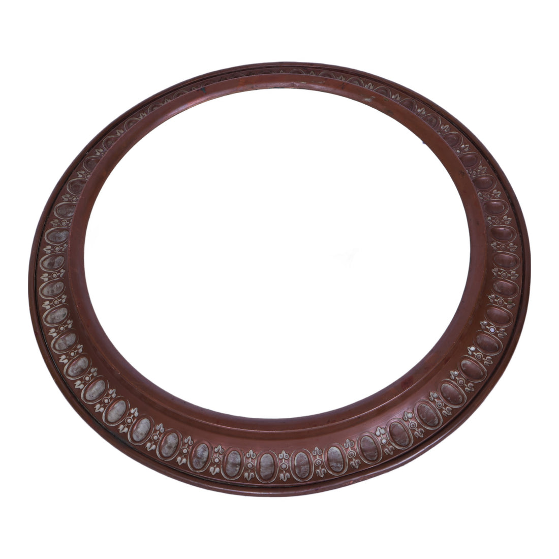 Antiek Rond Dienblad - Aardewerk met Vogel- en Vlinderdecor in Koperen Montuur - 36 cm