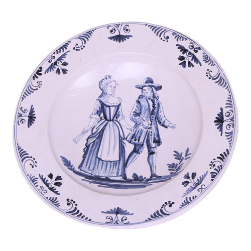 Grote Faience Schotel met Galant Paar - Blauw-Wit in Delftse Stijl - 42 cm