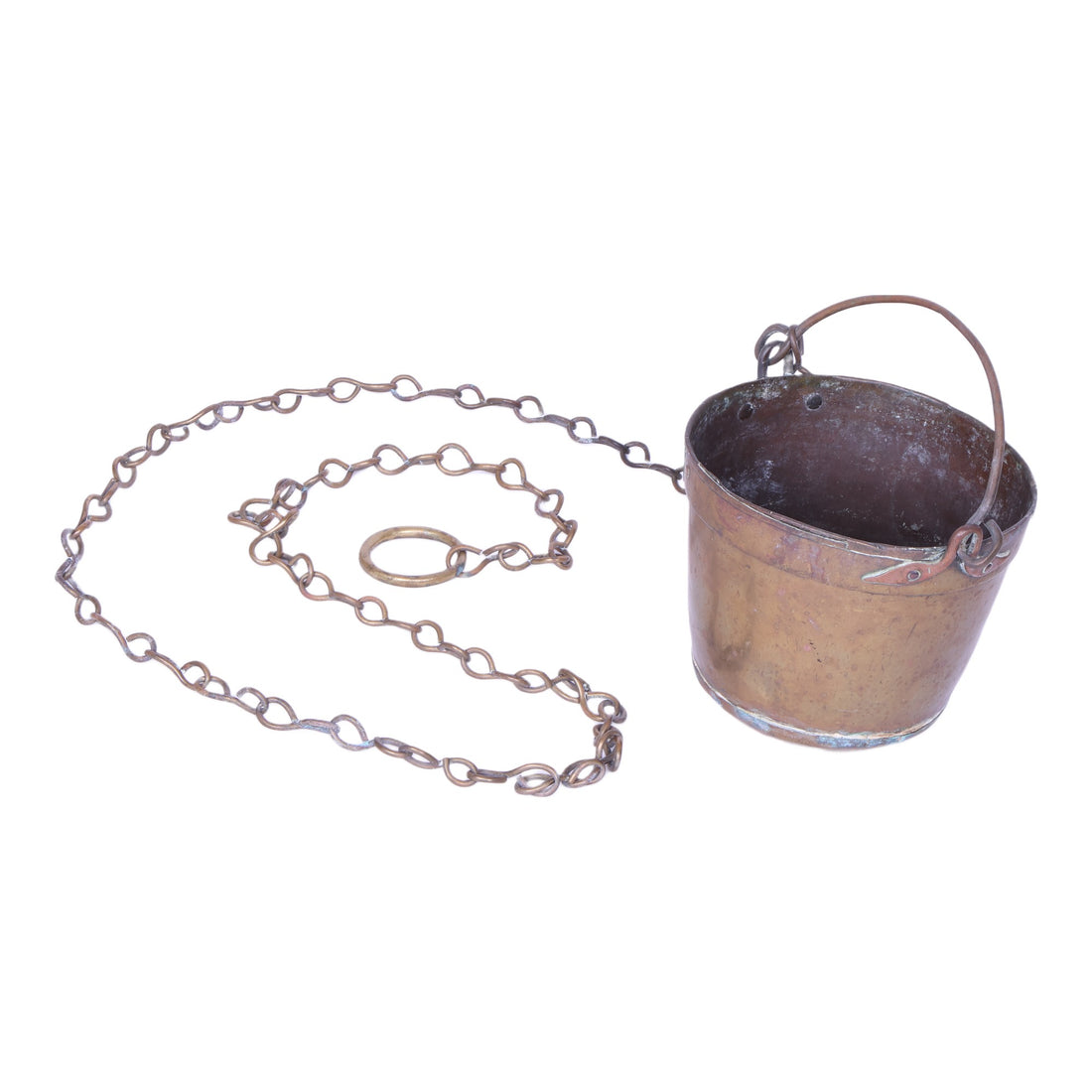 Antieke Messing Emmer met Hengsel, Ketting en Ring - 19 cm