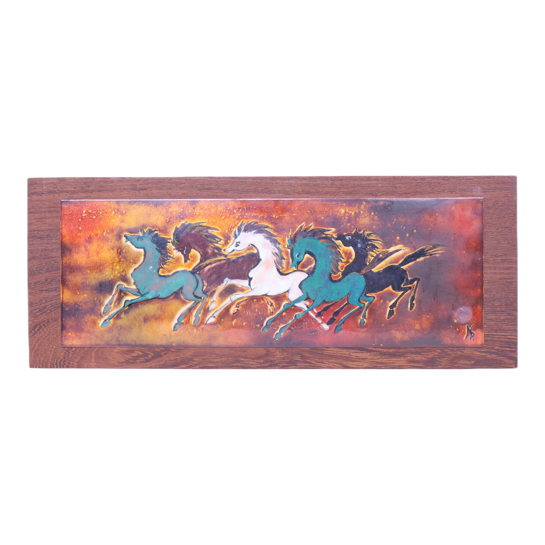 Emaille Wandpaneel met Vijf Galopperende Paarden - 50x19 cm