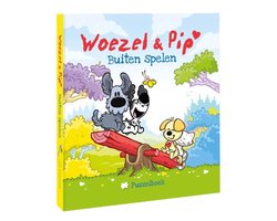 Woezel en Pip Buiten spelen, puzzelboek, omslag met Woezel en Pip op een wip, tweedehands