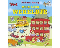 Richard Scarry Mijn leuk wereldje, Deltas boekomslag voorkant met getekende dieren in voertuigen, tweedehands