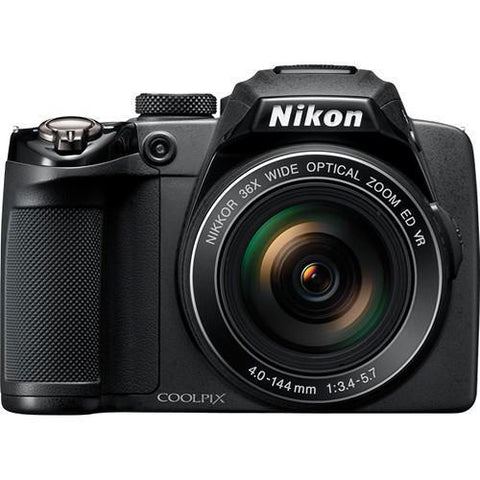 Nikon Coolpix P500 bridgecamera, zwart, voorkant met 36x Nikkor-zoomlens