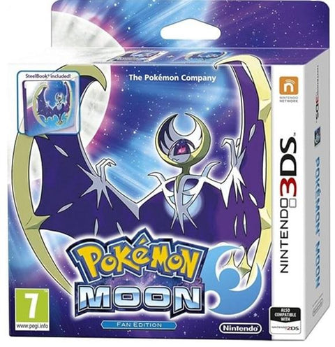 Nintendo 3DS Pokémon Moon Fan Edition, doos voorkant met Lunala en de melding SteelBook inbegrepen, tweedehands